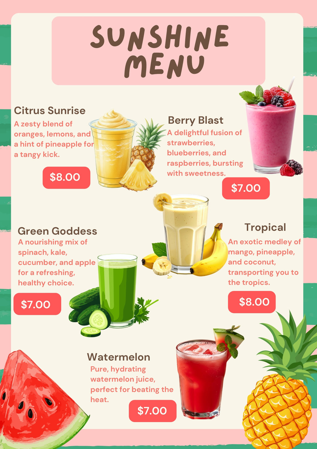 Sunshine Juice Bar Menu