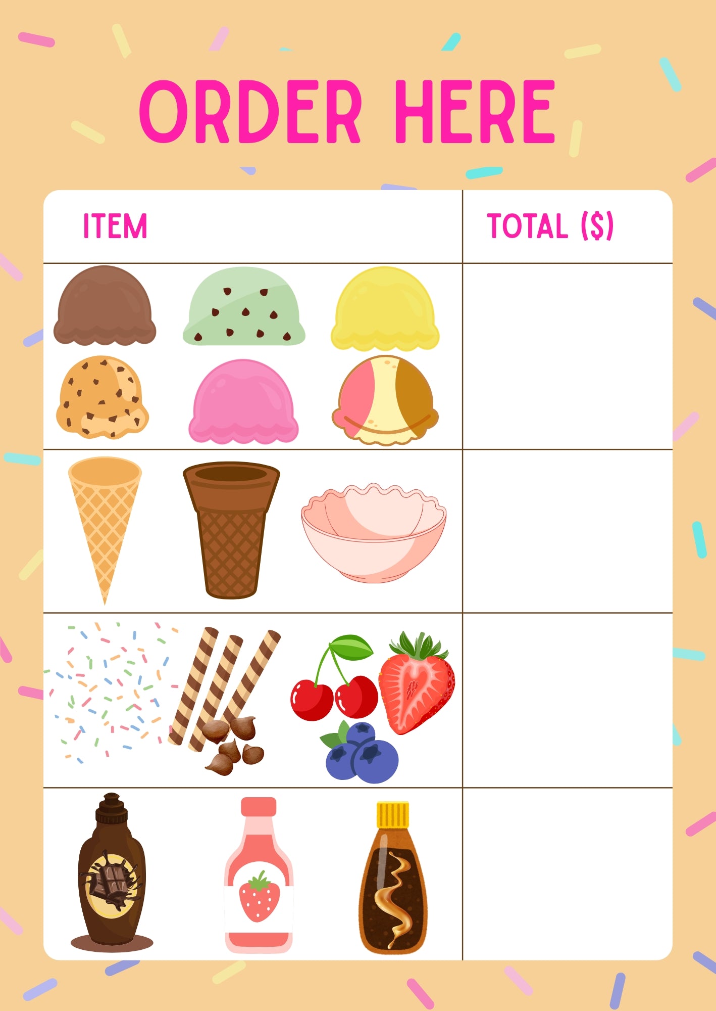 Sprinkles Ice Cream Shop Order Forms