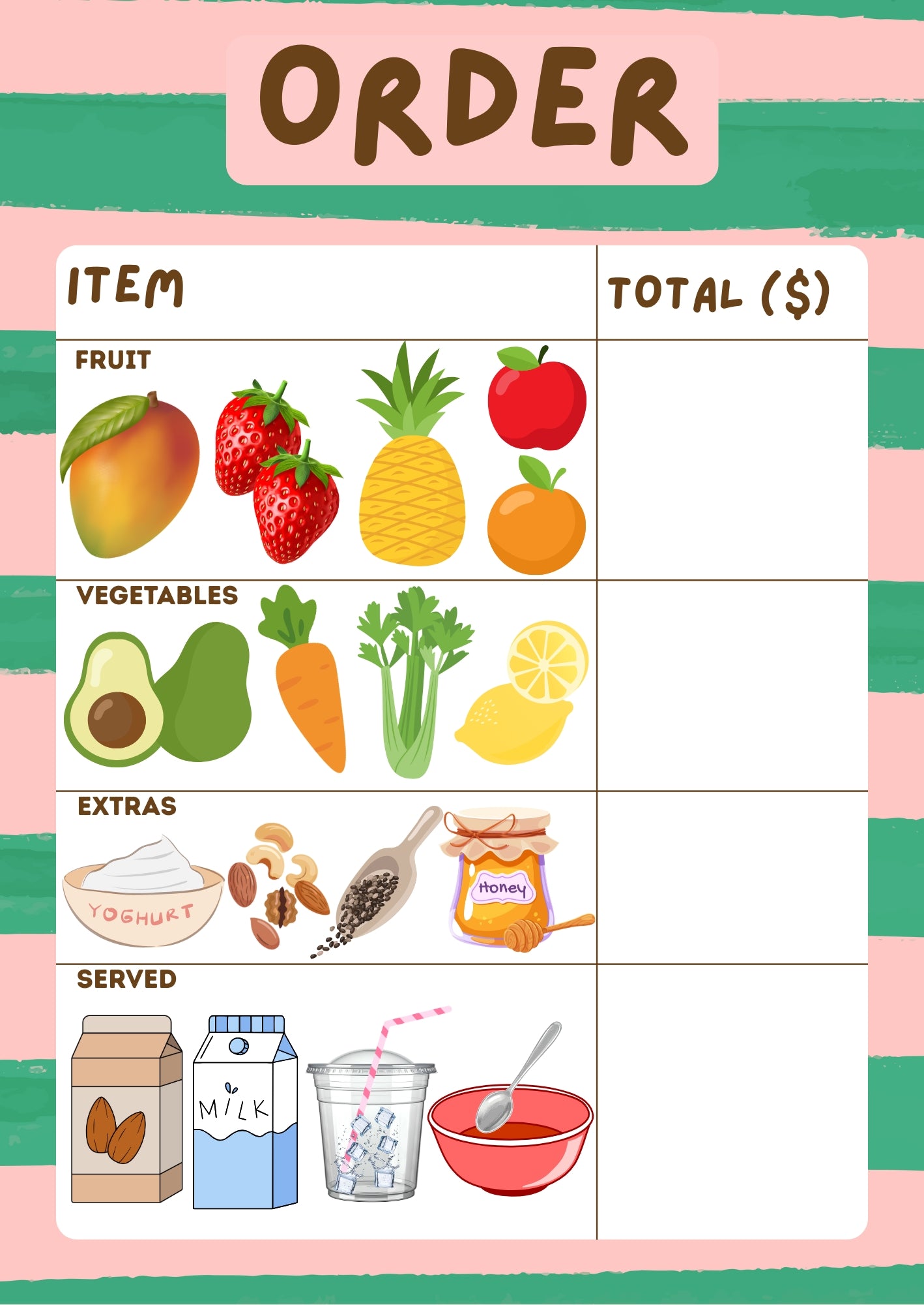 Sunshine Juice Bar Order Form